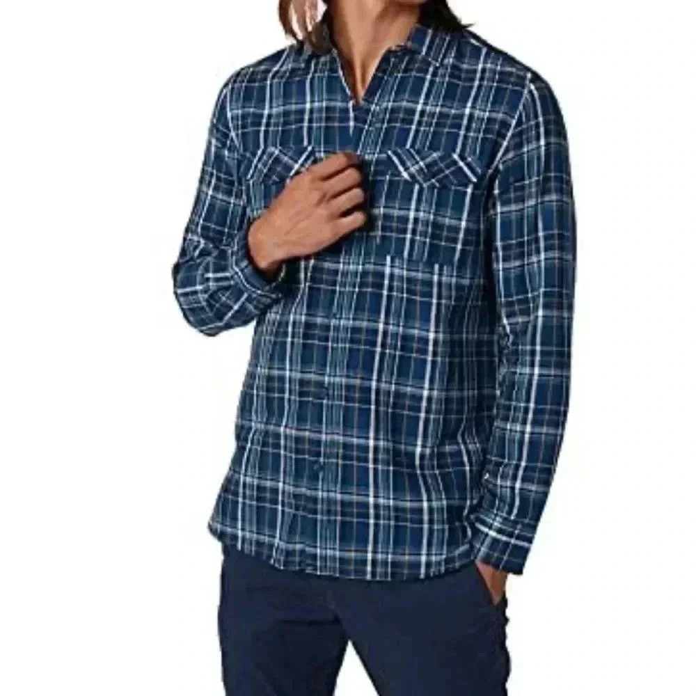 Lee Cooper salmon and  blue plaid stripe long sleeve button shirt M